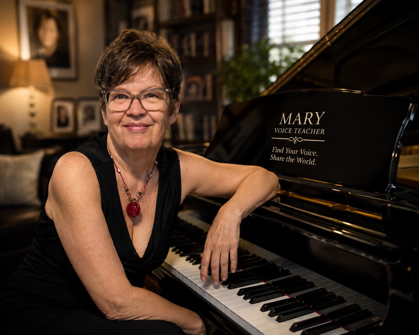 Mary Laymon, Minneapolis voice teacher, posing at the piano in her vocal studio