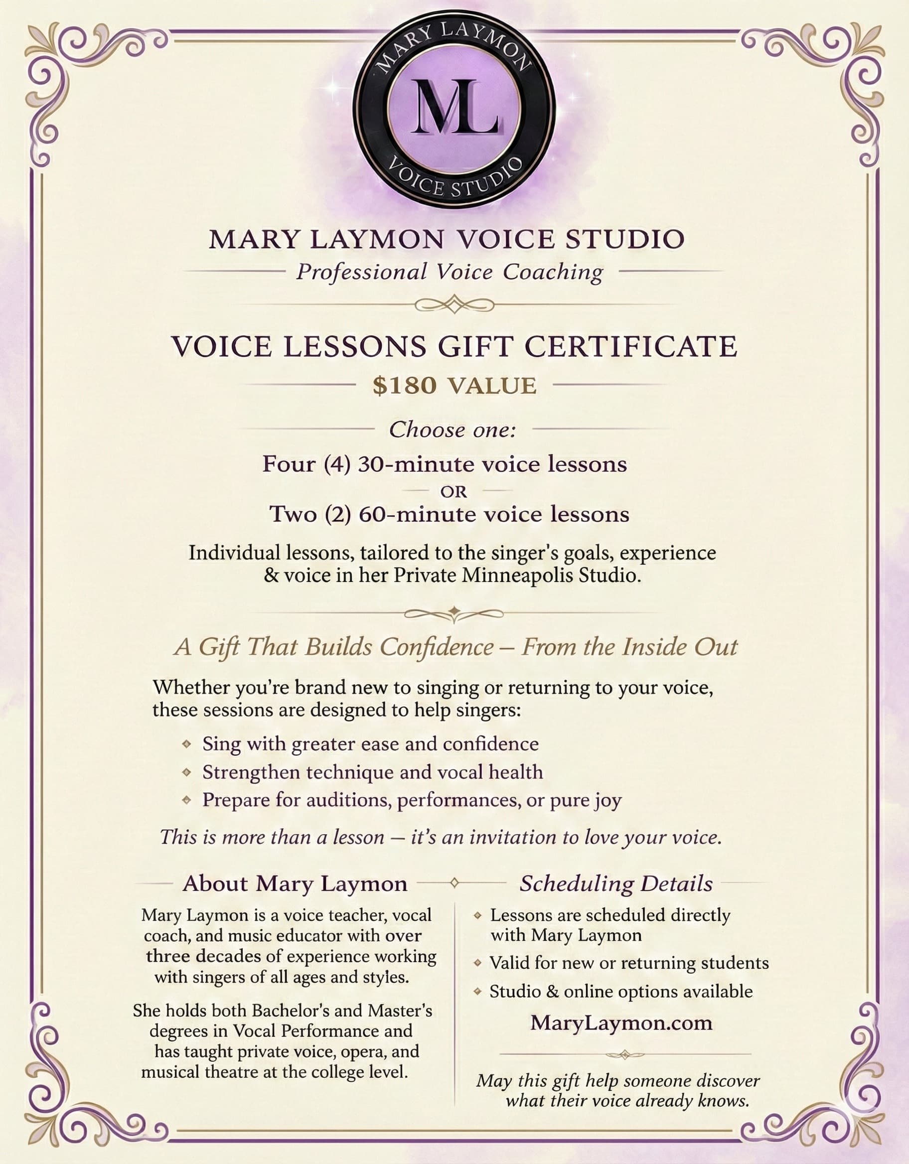 Sample Mary Laymon Voice Studio Gift Certificate — personalized with recipient name and custom message